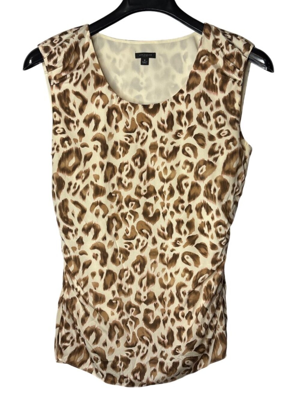 Ann Taylor Sleeveless Silk Blend Top Size 8 Leopard Print Brown Tan Lined Ruched
